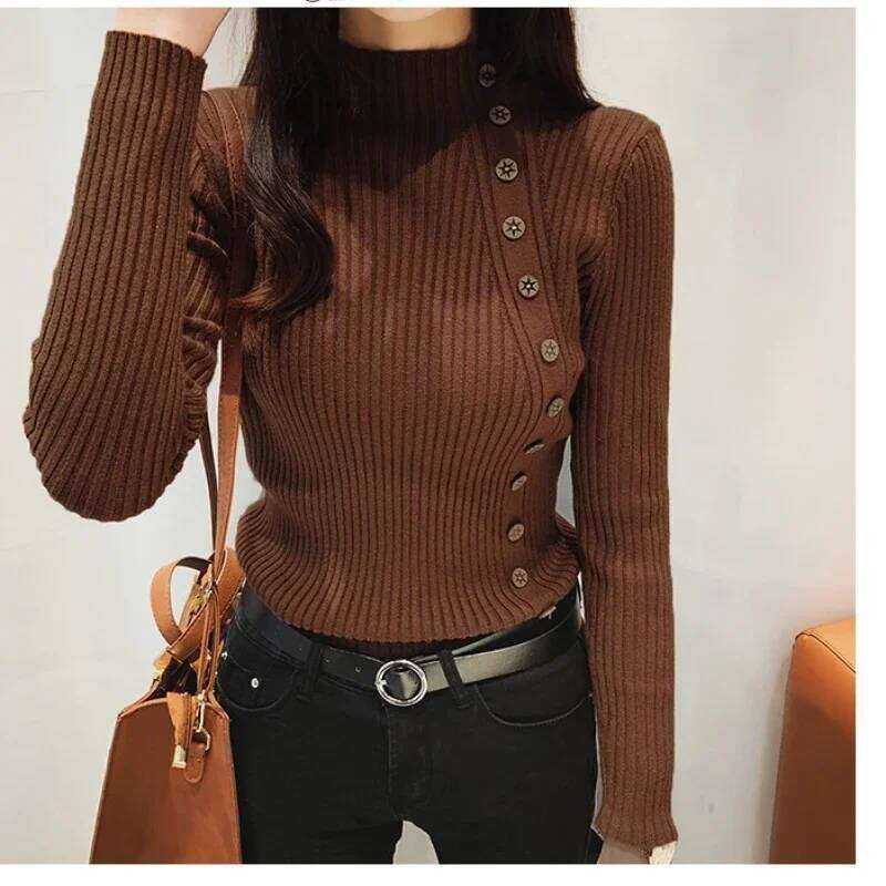 Spring Autumn Mock Neck Skinny Elastic Knitted Shirt Women Pullover Sweater Tops Female Long Sleeve Slim Knit Shirts Knitwear Z260313