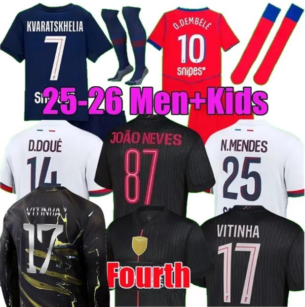 KVARATSKHELIA O.DEMBELE JOAO NEVES 24 25 26 Soccer Jerseys FABIAN D.DOUE ZABARNYI football 2025 2026 HAKIMI N.MENDES BARCOLA PACHO jersey PSGES men kids uniform