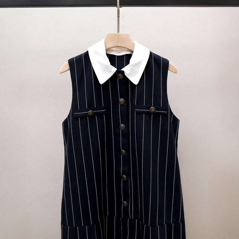 Designer's new autumn French workwear multifunctional color blocked collar striped loose sleeveless pleated skirt