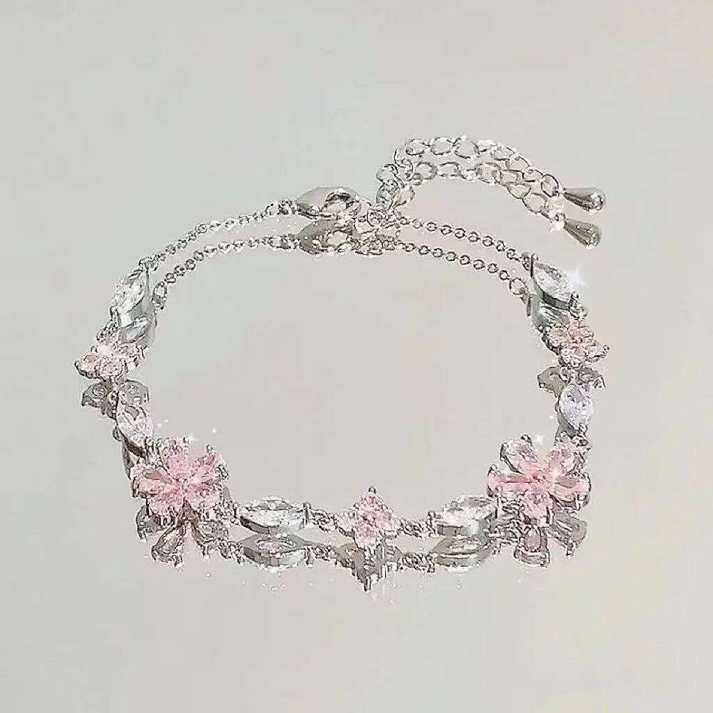 Shiny Pink Crystal Cherry Blossom Bracelets For Women Girls Sweet Moon Bow Flowers Zircon Bracelet Party Aesthetic Egirl Jewelry Z260313