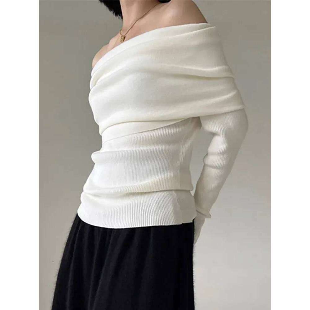 2025 Autumn Winter Off Shoulder Women Sweaters Elegant Vintage Knitted Solid Jumper High Stretch Top Soft Chic Pullovers Z260313