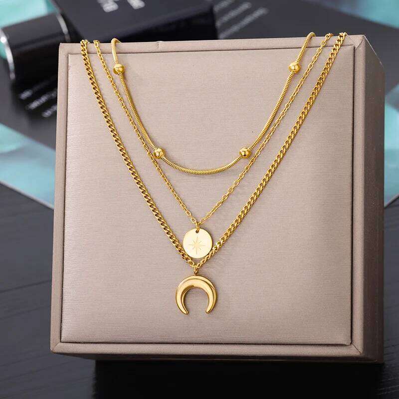 Crescent Moon Small Round Beads Multilayer Chain For Women Stainelss Steel Collar Necklace Aesthetic Jewelry Gifts H260312