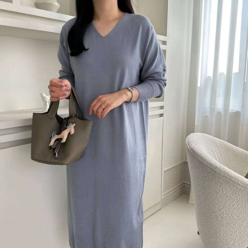 Autumn Winter Casual Loose Women's Knitted Dresses 2025 New Long Sleeve V-neck Elegant Koream Knitting Dress Female Z260314