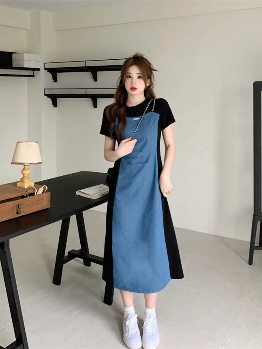 Retro plus Size Materni Dr Summer New High Waist Slimming Splice Split Denim Skirt Conceal Belly A-Line Dr Korean SleT260314
