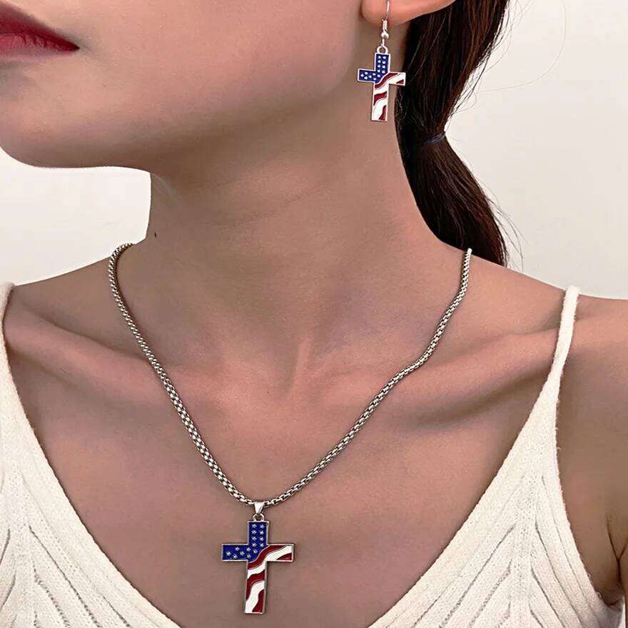 Stainless Steel Chains American Necklace Jesus Christ Cross Pendant Enamel USA Flag Patriotic Christian Jewelry Long Chain H260312