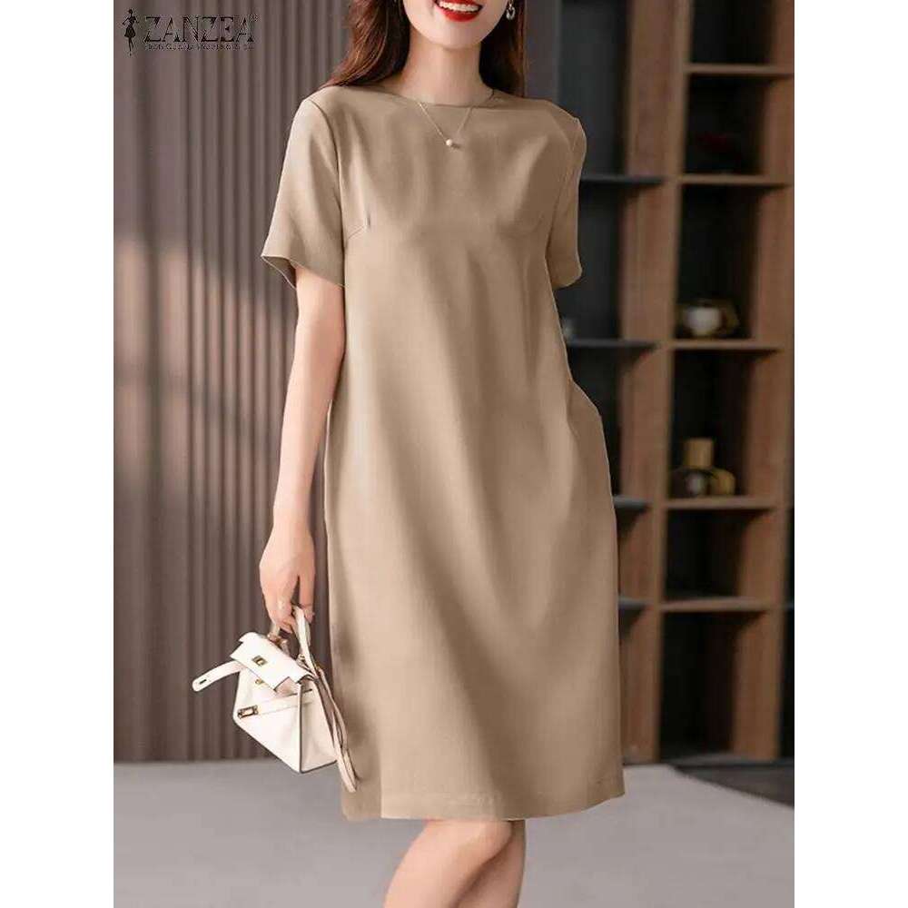 Summer Fashion Short Sleeve Dress ZANZEA Women Elegant OL Work Sundress Casual Solid Knee Length Robe Femme Party Vestidos Z260314