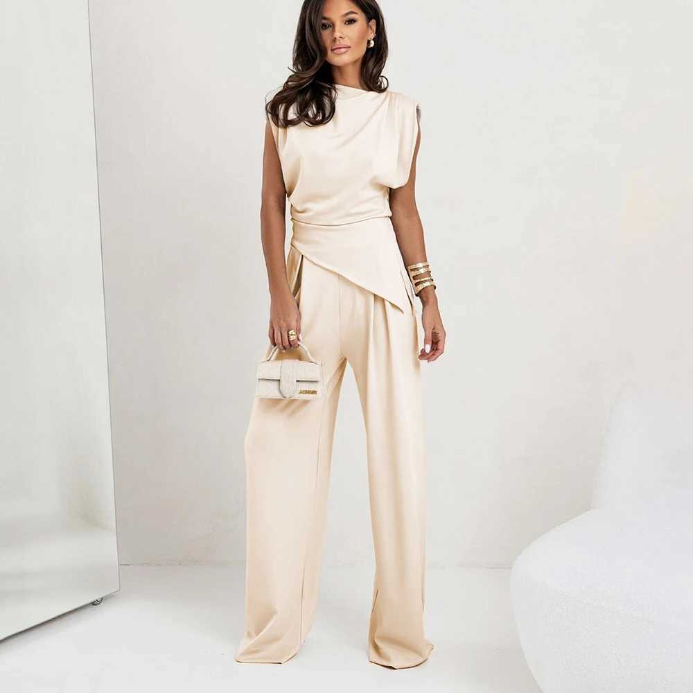 Elegant Straight Commuting Set Simple Solid Color O Neck Sleeveless Top Pants Suit Women Fashion High Street Irregular Outfit c04 M260313