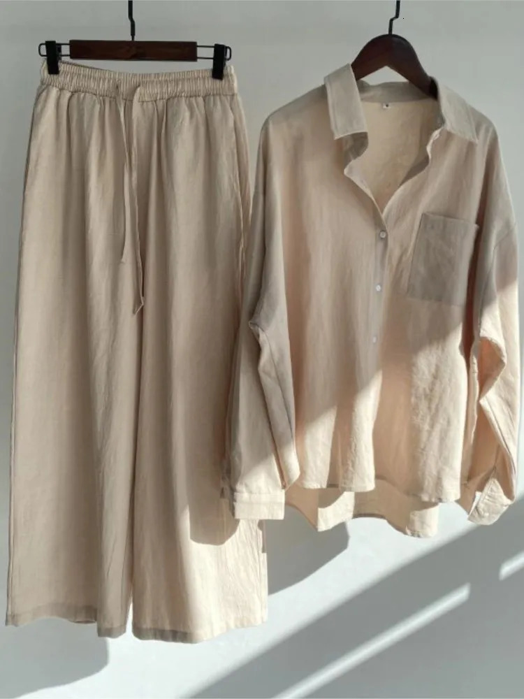 Spring Summer Womens Two Piece Casual Long Sleeve Shirt Womens Suit Fashion Button Casual Female Wide Leg Pants 2 Piece Sets 260309