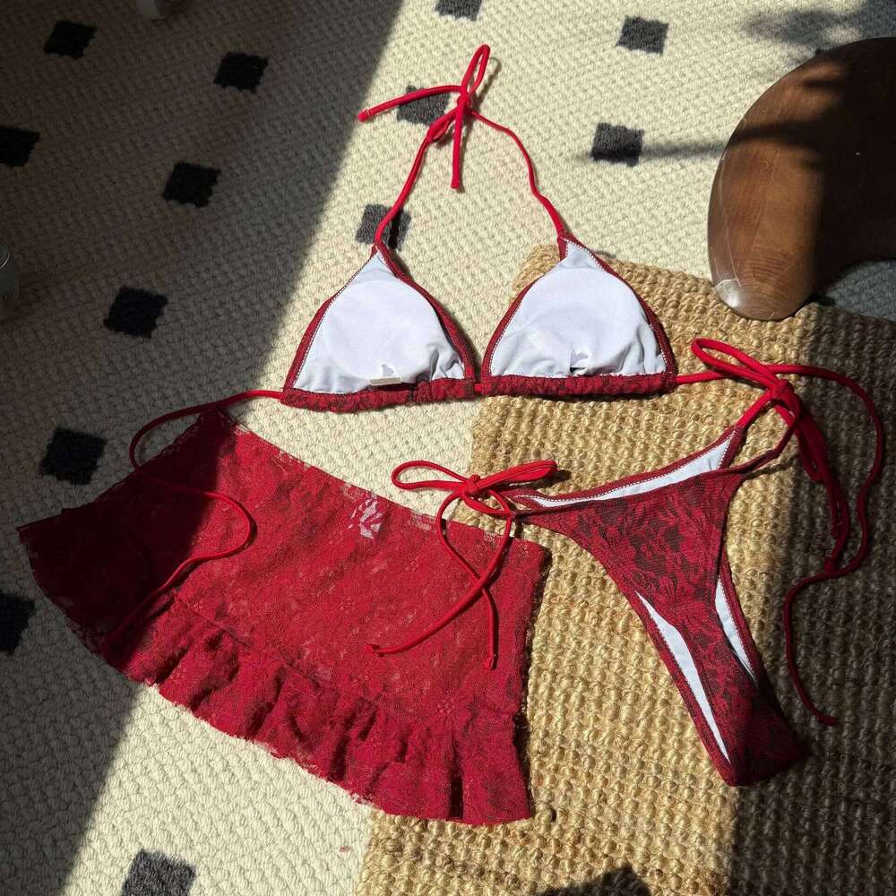 sexy lace micro string halter tie bikinis sets 3pcs with ruffles mini skirt black red color swimwear swimsuit bathing suit Y260303