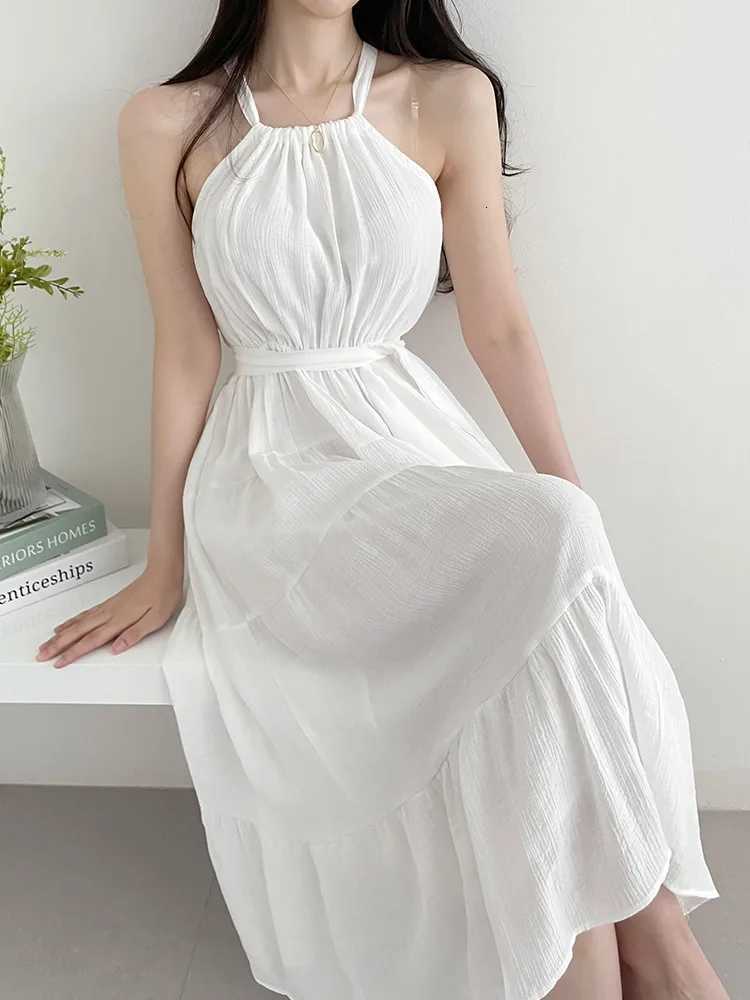 Korean Sle Chic Summer Svel Neline Waist Cinched Slimming Long Vest Dr Womens Faion Commute Wind Regular FitT260314