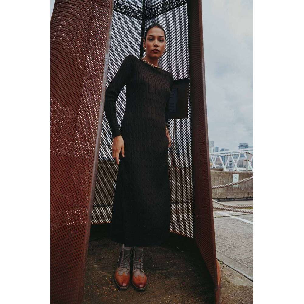 AS AW2025 cable knitting maxi dress soft Sweater round neck woman clothes with buttons Z260313