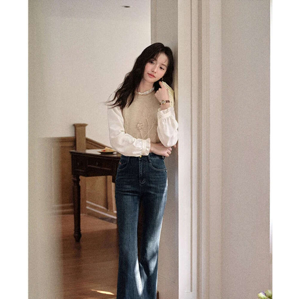 ALXNAN Vintage Blue Flared Women's High-waist Slim-fit Cotton Denim Jeans 2025 Autumn Winter Casual Female Pants L57012 Z260313