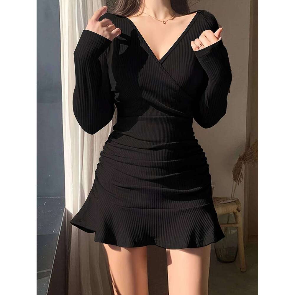 Directed Women's Autumn Winter Knitted Solid Color Slim Fit V-Neck Long Sleeve Elegant Dress Z260314