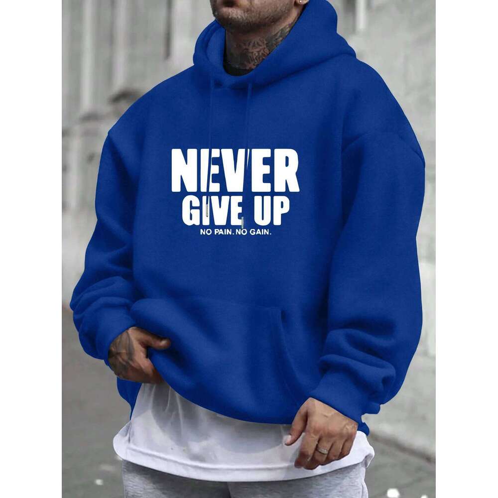 Men'S Never Give Up Print Fleece-Lined Pullover Kangaroo Pocket Stylish Streetwear Fall Casual Wear Hoodie Z260314