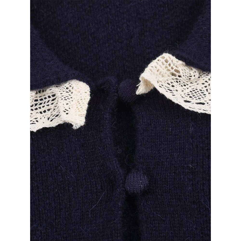 European style new arrival women's fashion versatile long-sleeved knitted cardigan jacket with lace trim and small round collar. Z260313