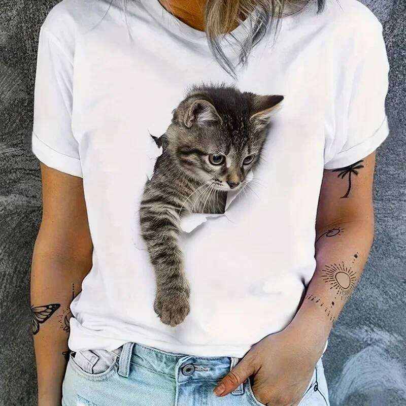Pattern Cartoon Cat Harajuku Short Sleeve Casual Women's Clothing Street Tops Tees Aesthetic Clothes Z260314