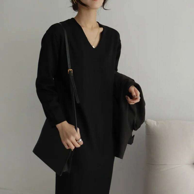 Autumn Winter Casual Loose Women's Knitted Dresses 2025 New Long Sleeve V-neck Elegant Koream Knitting Dress Female Z260314