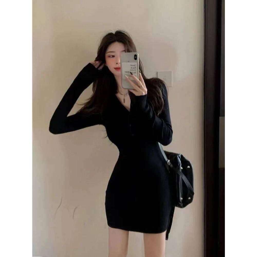 Autumn Winter Mini Dress Women V Neck Button Sexy Sweater Elegant Bodycon Dresses Long Sleeve Robe Short Skirt Waist Solid Z260314