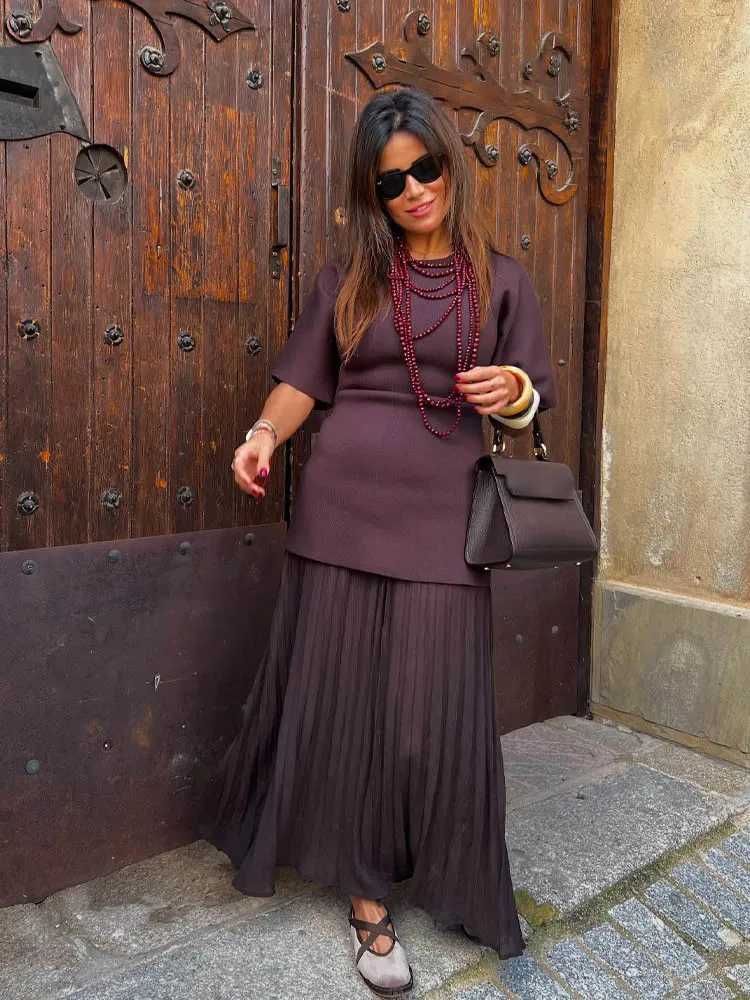 HH Women Elegant Half Sleeves O-Collar Pleated Dress Spring Woman Rear Zipper Splicing Vintage Casual Knitted Long DressT260314