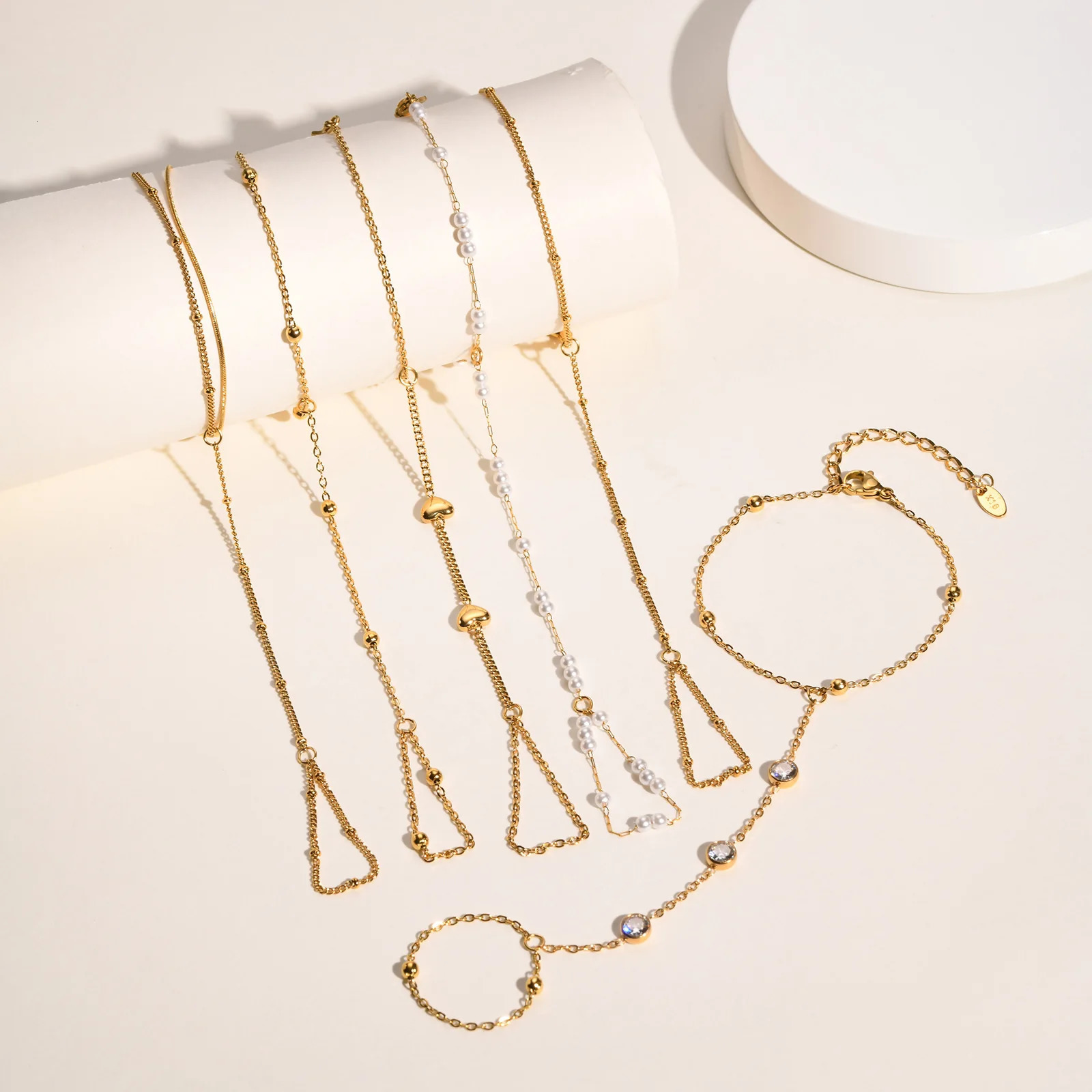 Stainless Steel Pearl Finger Ring Charms Bracelets for Women Bead chain zircon Mittens Tassel Bracelet Jewelry Gifts 260313