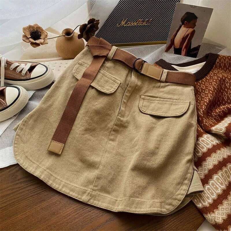 Korean Denim Skirt Women's Safari Style Short High Waist Belt Cargo Jean Ladies Casual A-line Skirts Spring Autumn Z260314