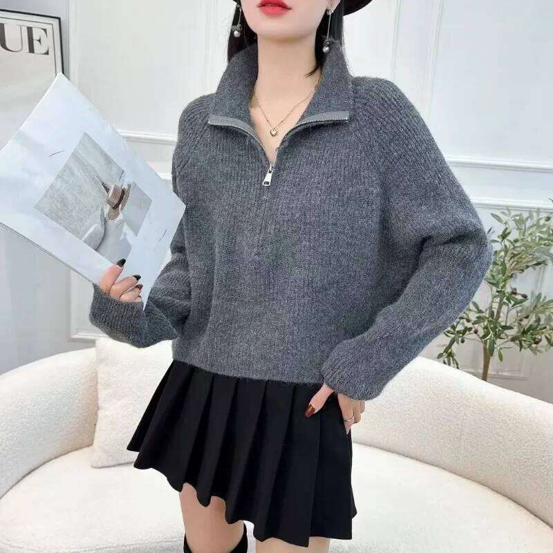 Women's New Spliced high-neck Zipper Knitted Loose Sweater Bottoming Style Long-sleeved Top Z260313