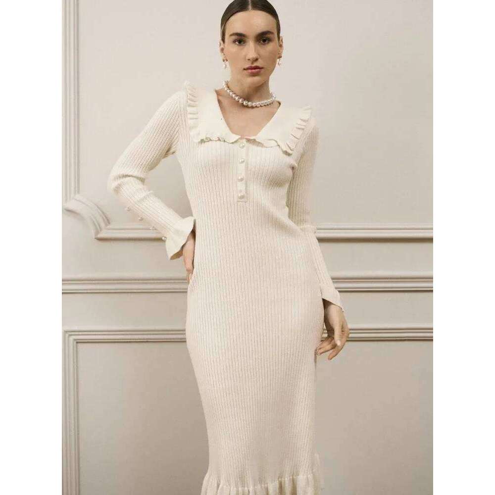 Trendix Ruffle Knit High Waist For Women Autumn Winter Elegant Slim Long Dresses Street Vintage Evening Knitted Maxi Dress Z260314
