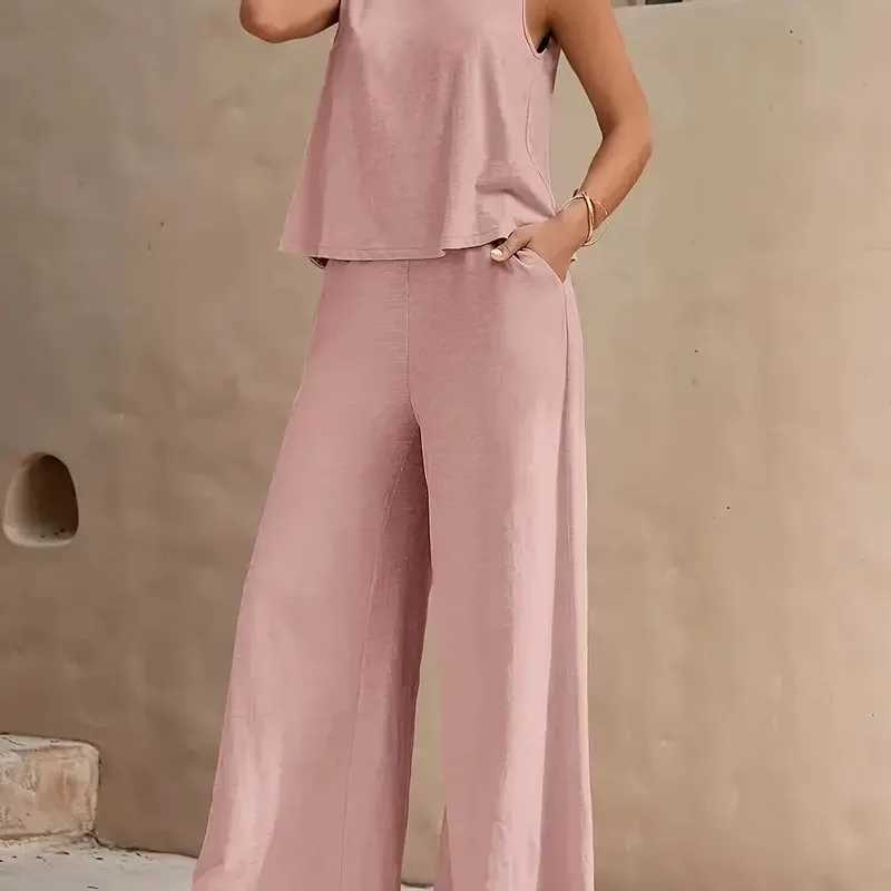 New Womens Sleeveless Vest And Trousers Two Piece Set Fashion Solid Color Two Piece Round Neck Top Pants Suit Casual Set M260313