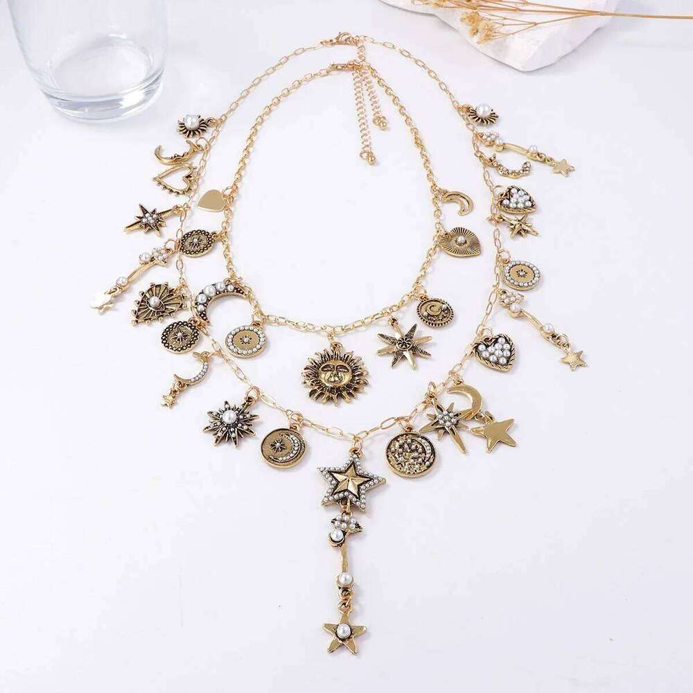 Zvoijio Personalized Trendy Retro Gold Color Alloy Sun Moon Star Chain Necklace for Women H260312