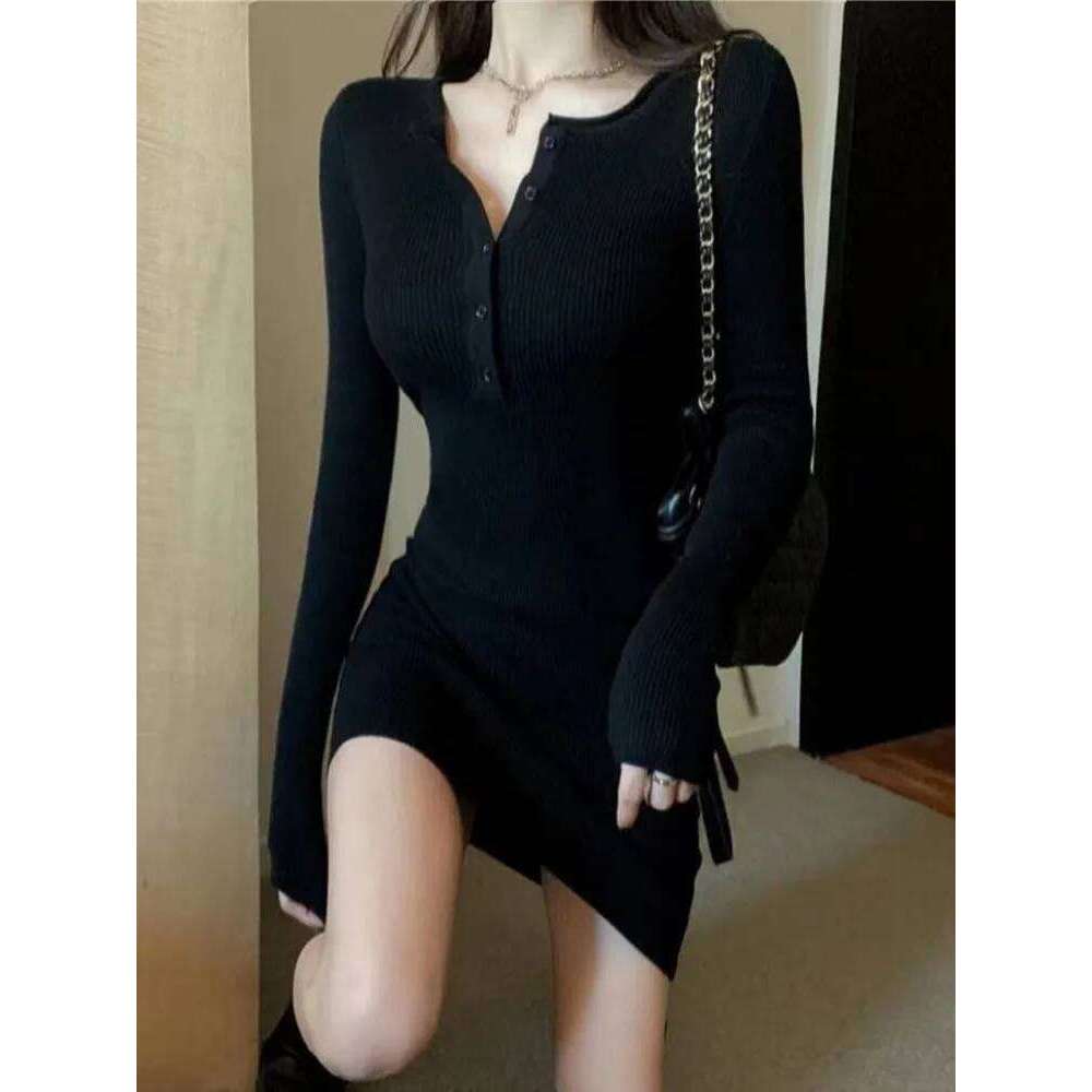 Autumn Winter Mini Dress Women V Neck Button Sexy Sweater Elegant Bodycon Dresses Long Sleeve Robe Short Skirt Waist Solid Z260314