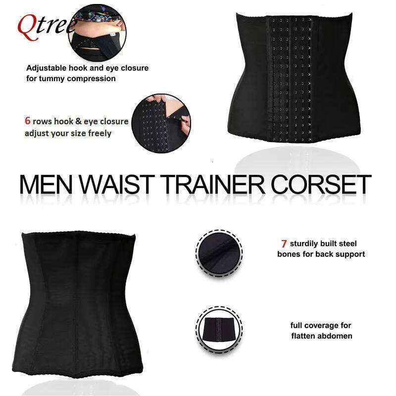 Qtree Men Slimming Body Shaper Corset S-6XL Plus Size Hooks Waist Belt 7 Steel Bone Compression Tummy Control Strap 26Y0313