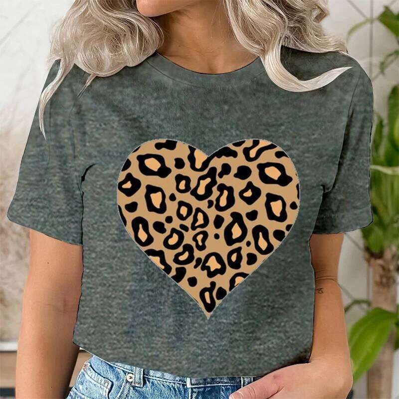Vintage Leopard Print Heart Pattern Women Shirts Casual Fashion Love Graphics Korean Ulzzang Short Sleeve T Shirt Femme Z260314
