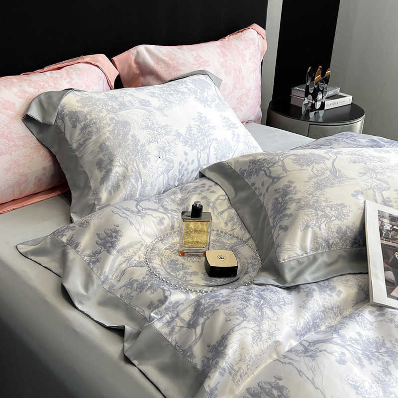 Nordic style minimalist summer ice silk four-piece set, washed cotton silk pillowcase, European plain bed sheet for all four seasons. H260313