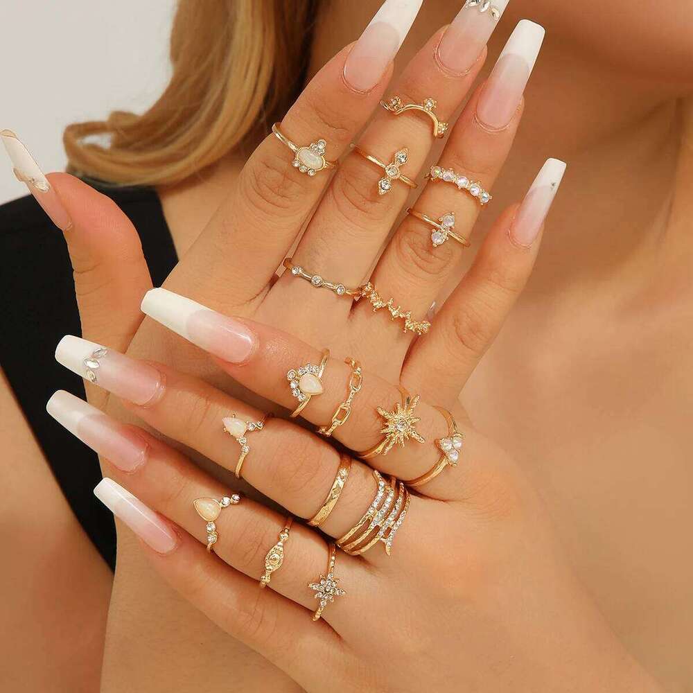 17 Pieces Of New Bohemian-style Retro Geometric Fashion Moonstone Openwork Water Drop Women's Wedding Banquet Ring set H260312