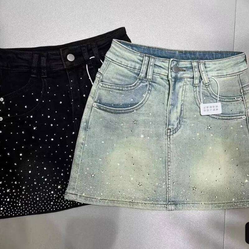 Starry Hot Rhinestone for Women 2026 Summer New Retro Slimming A-Line Sheath Denim Skirt Black Y2k Faldas Z260314