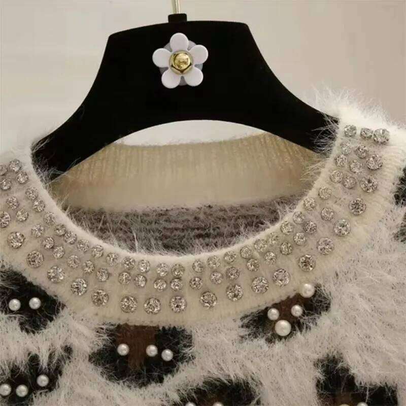 Leopard Pearls Vintage Mink Knit O-Neck Long Sleeve Pullover Women's Sweater Female Sweaters Tops Woman Clothing Fashion 2025 Z260314