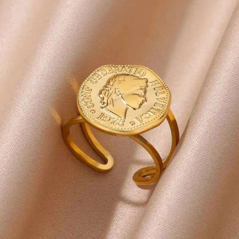 Stainless Steel Round Portrait Open Rings For Women Gold Color Adjustable Wedding Aesthetic Ring Party Fashion Jewerly Gift BFF H260312