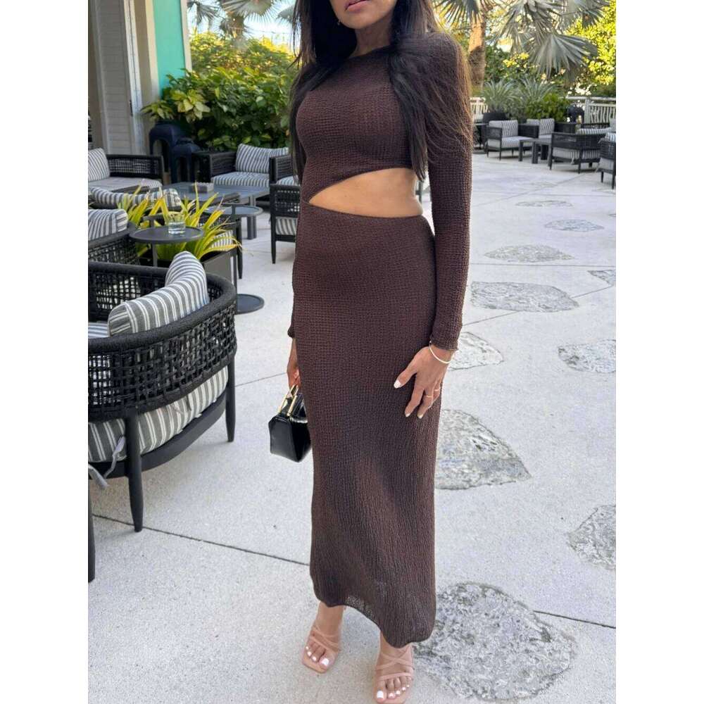 Elegant Textured Short Hollow Midi Women's Spring Solid Color Round Neck Long Sleeve Elastic Fit Dress Z260313