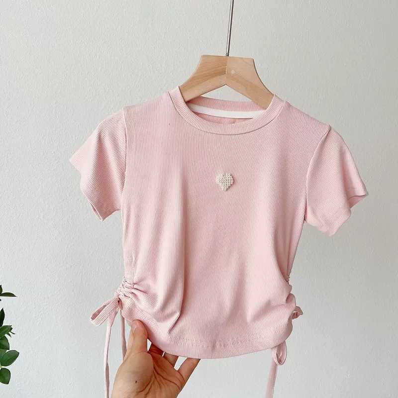Women's Knits & Tees Girls' Short-Sleeve T-Shirt Thin Fashionable Korean Style Baby Lady's Children's Clothing Heart-Shaped Drawst