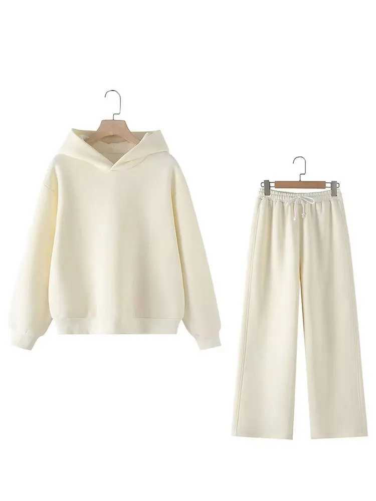 HH Women Solid Casual Sweatshirt Pant Suit Long Sleeve Hooded Fleece Pullover Coat Loose Straight Trousers Office Lady Sets M260313