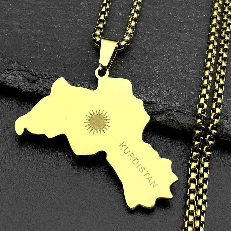 Kurdistan Map Flag Sun Symbol Pendant Necklace for Men Women Stainless Steel Gold Color Ethnic National Geography Chain Jewelry H260312