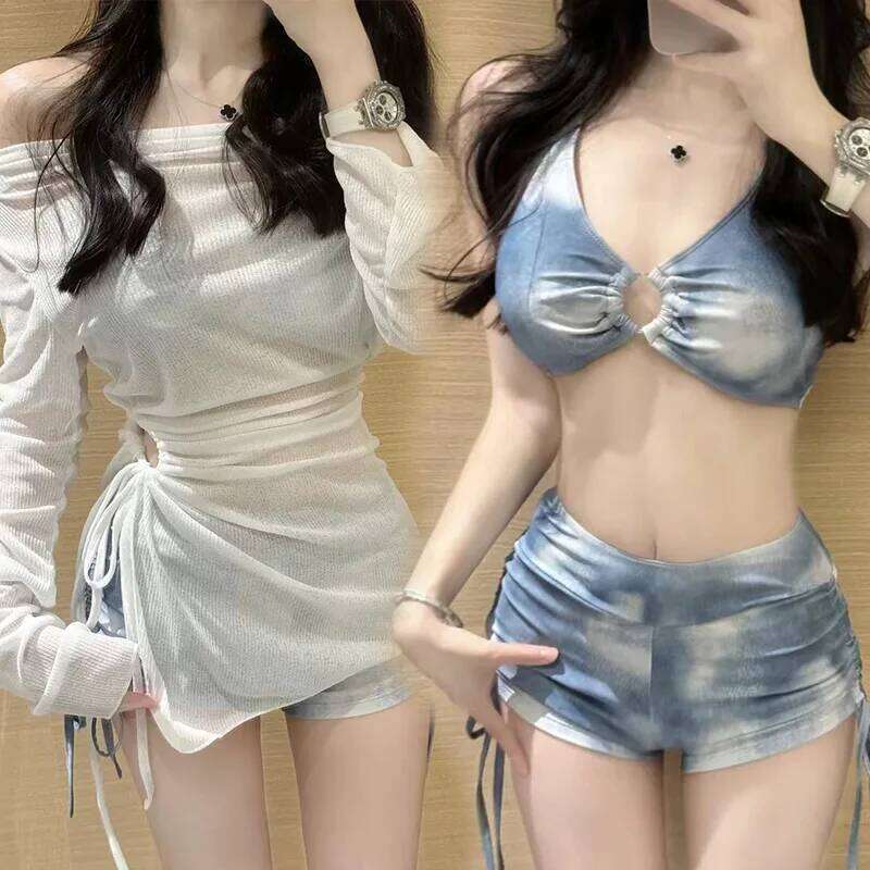 Women's New Swimsuit Tie Dye Blue Sunscreen Split Flat Angle Bikini Cover Three Piece Set for Vacation and Hot Spring Soaking 26H0313