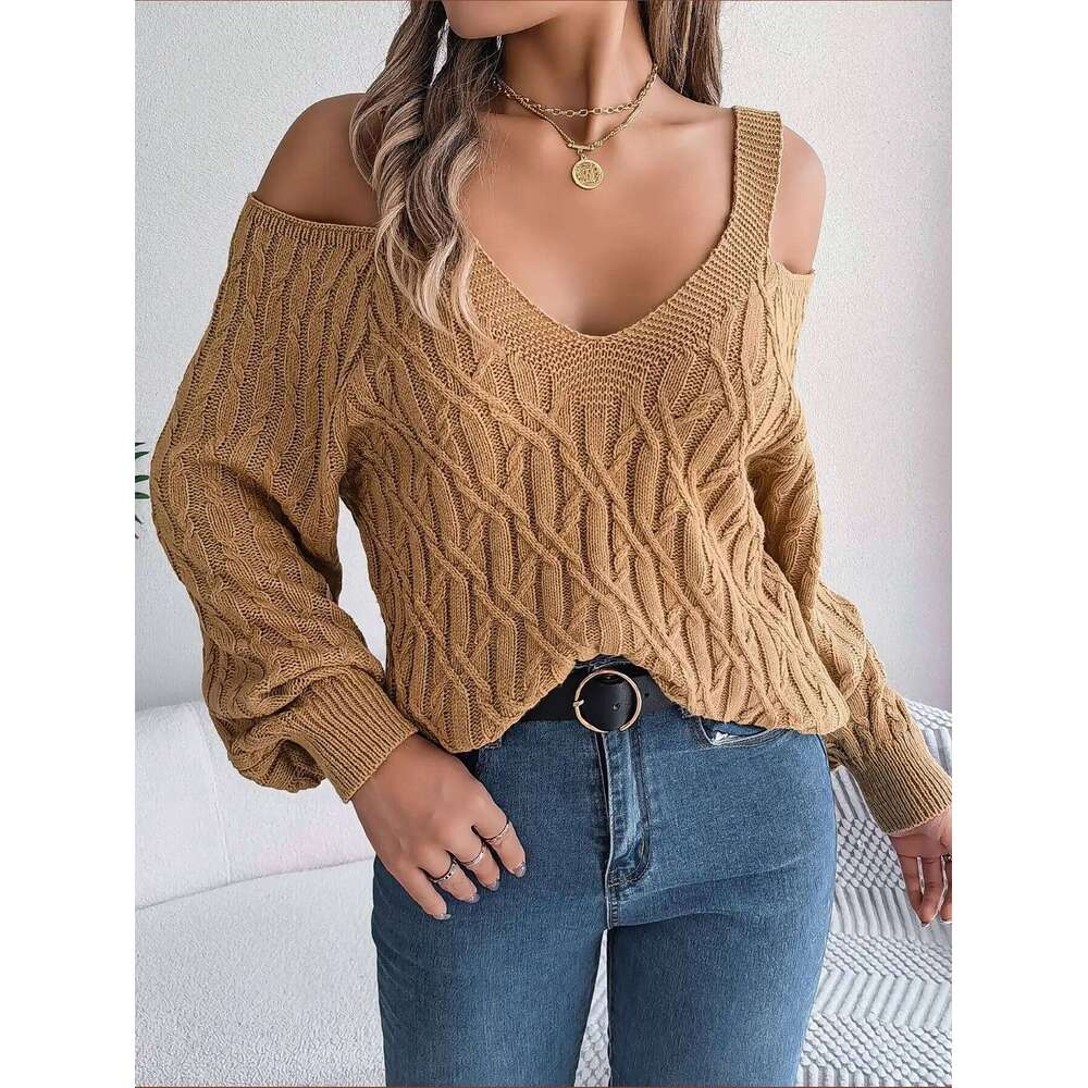 Women's Autumn Winter Casual Solid Color Off-Shoulder V-Neck Cable Knit Lantern Sleeve Pullover Sweater Top Z260313