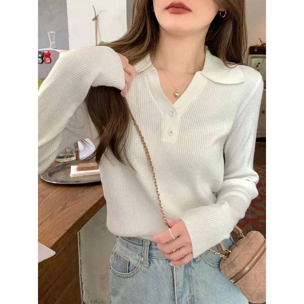 Autumn Winter Half-open V-lapel Pullover Female Korean Version Of Long-sleeved Wearing Loose Sweater Slim Button Tops Z260314