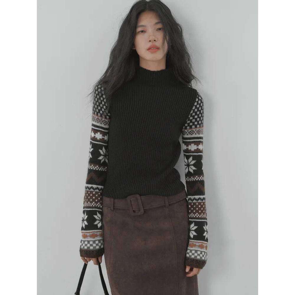 Vintage Jacquard Half High Collar Sweater Women's Casual Slim Tops Knitted Pullovers Long Sleeved Spliced Knitwear Sueter Z260313