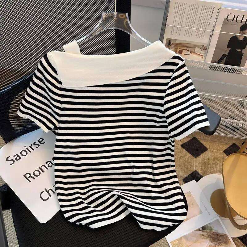 Summer Sexy Sweater Women Knit T-shirt Tops Fashion Striped Elegant Stylish Chic Tees Pullover Short Sleeve Jumpers 2024 Z260313