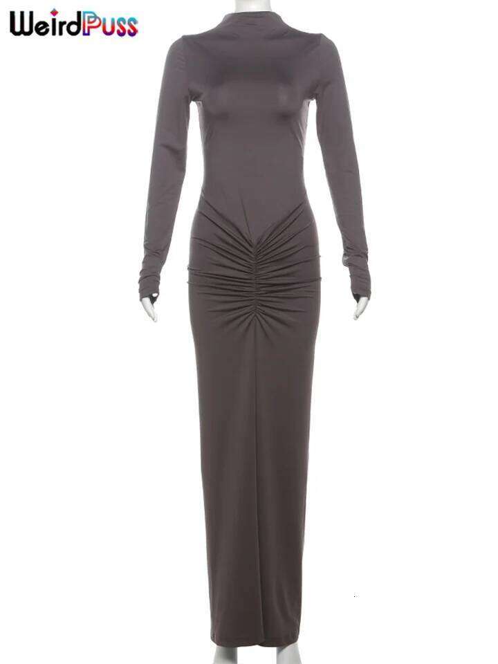 Weird Puss Hipster Ruched Dress Women o-NeckFull Sleeve Skinny Stretch Robe Autumn Trend Simple Classic Pleats Long Bodycon Z260314