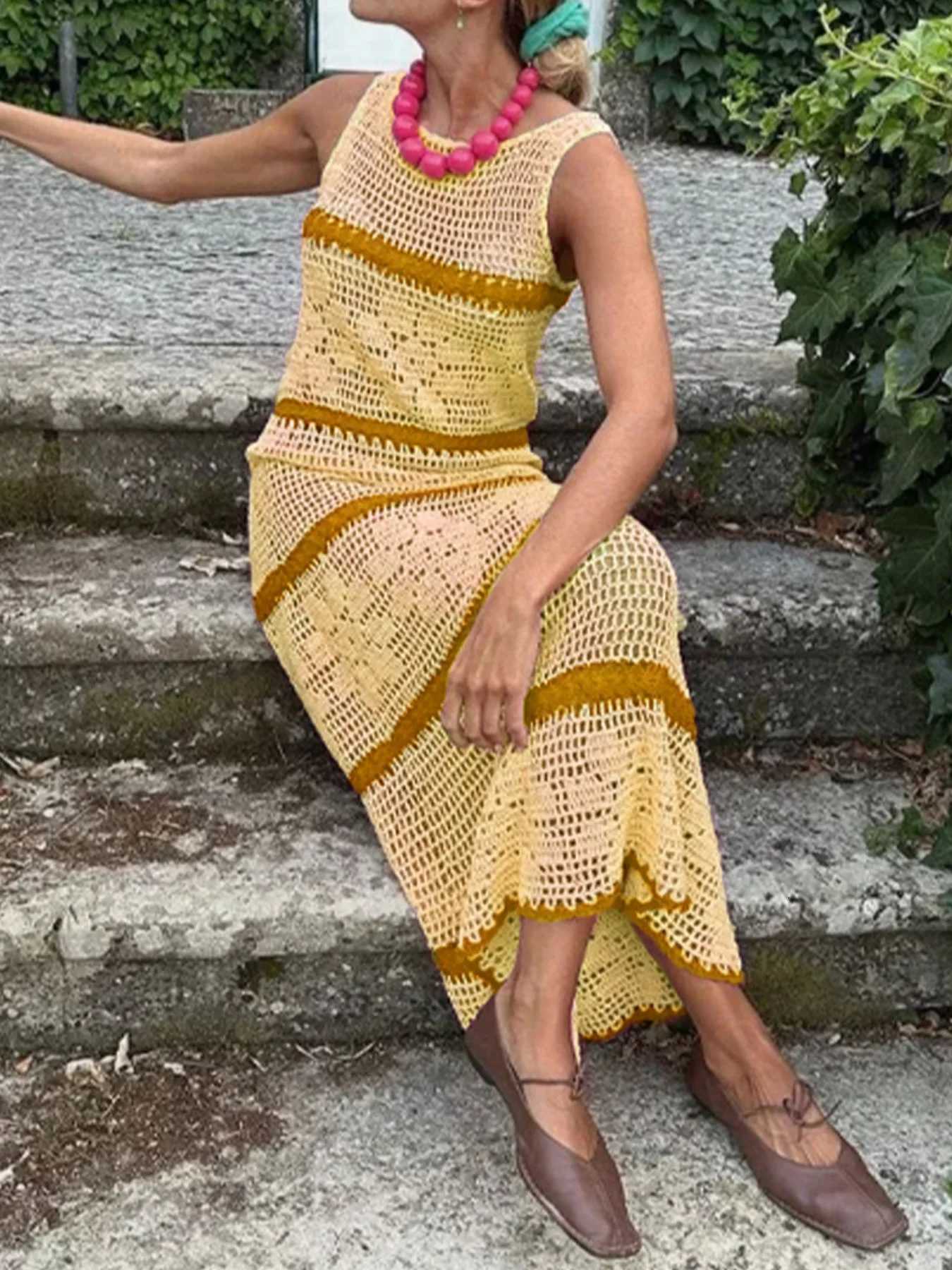 Fashionable Contrasting Hollow Knitted Long Skirt 2026 Spring Summer New Casual Beach Vacation Round Neck Sleeveless Vest DressT260314