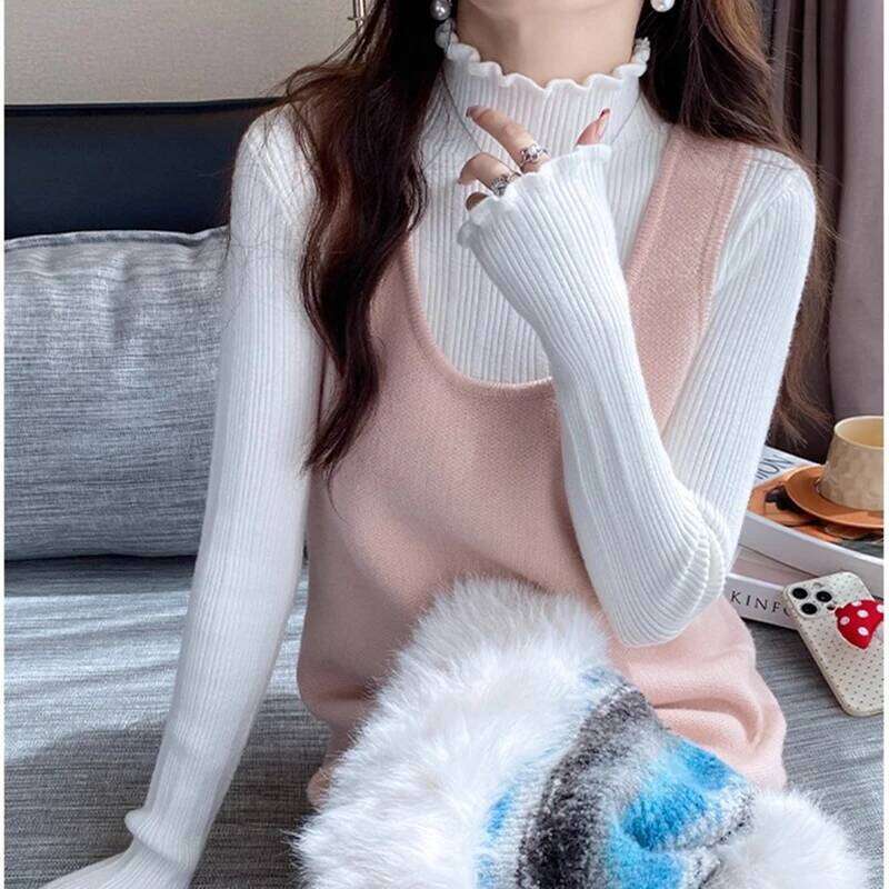 2025 Autumn Winter Women Half Turtleneck Fashion Wooden Ear Pullover Knitted Tops Long Sleeve O Neck Slim Warm Sweater Female Z260314