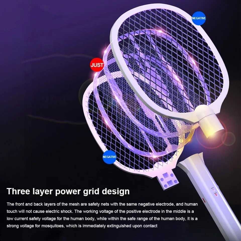 Handheld Electric Fly Swatter Bug Zapper Racket 2 in 1 USB Rechargeable Mosquito Killer Lamp Pest Control 3000V H260313